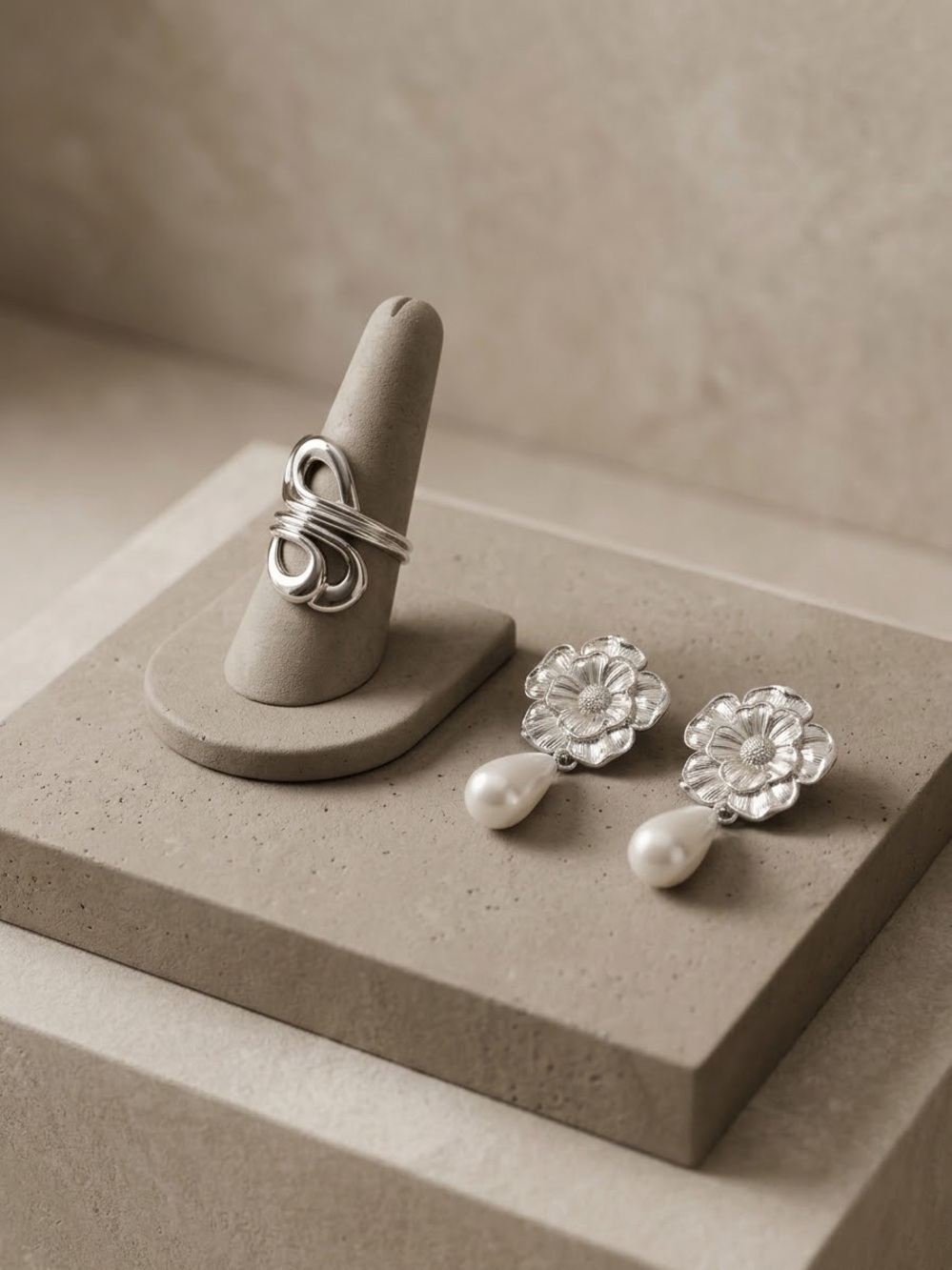 Bundle Silver Floral Pearl Drop Earrings and Silver Statement Ring Set